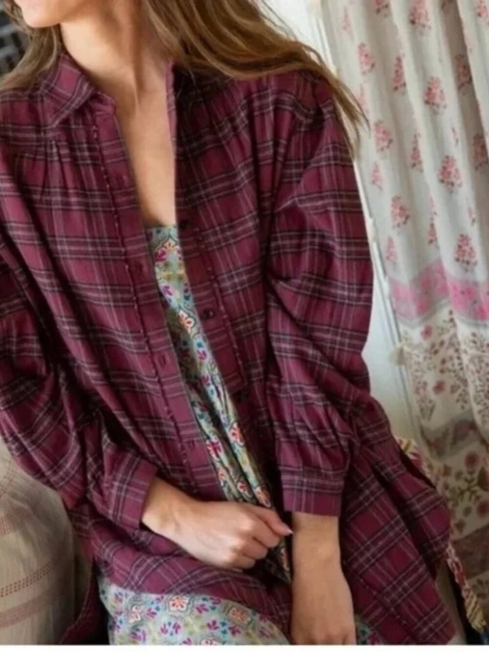 Natural Life Dawson Flannel Tunic Shirt Oversized Puff Sleeve NWT Size S Boho